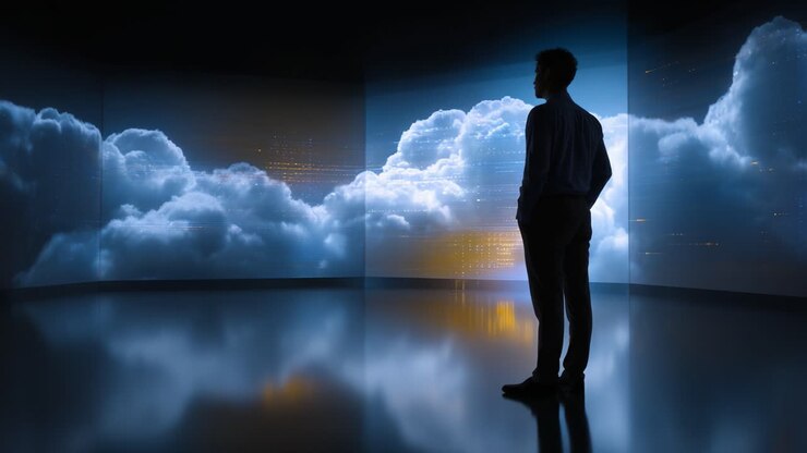 A person stands captivated in a futuristic room, surrounded by immersive clouds displayed on large screens, creating an engaging blend of technology and nature