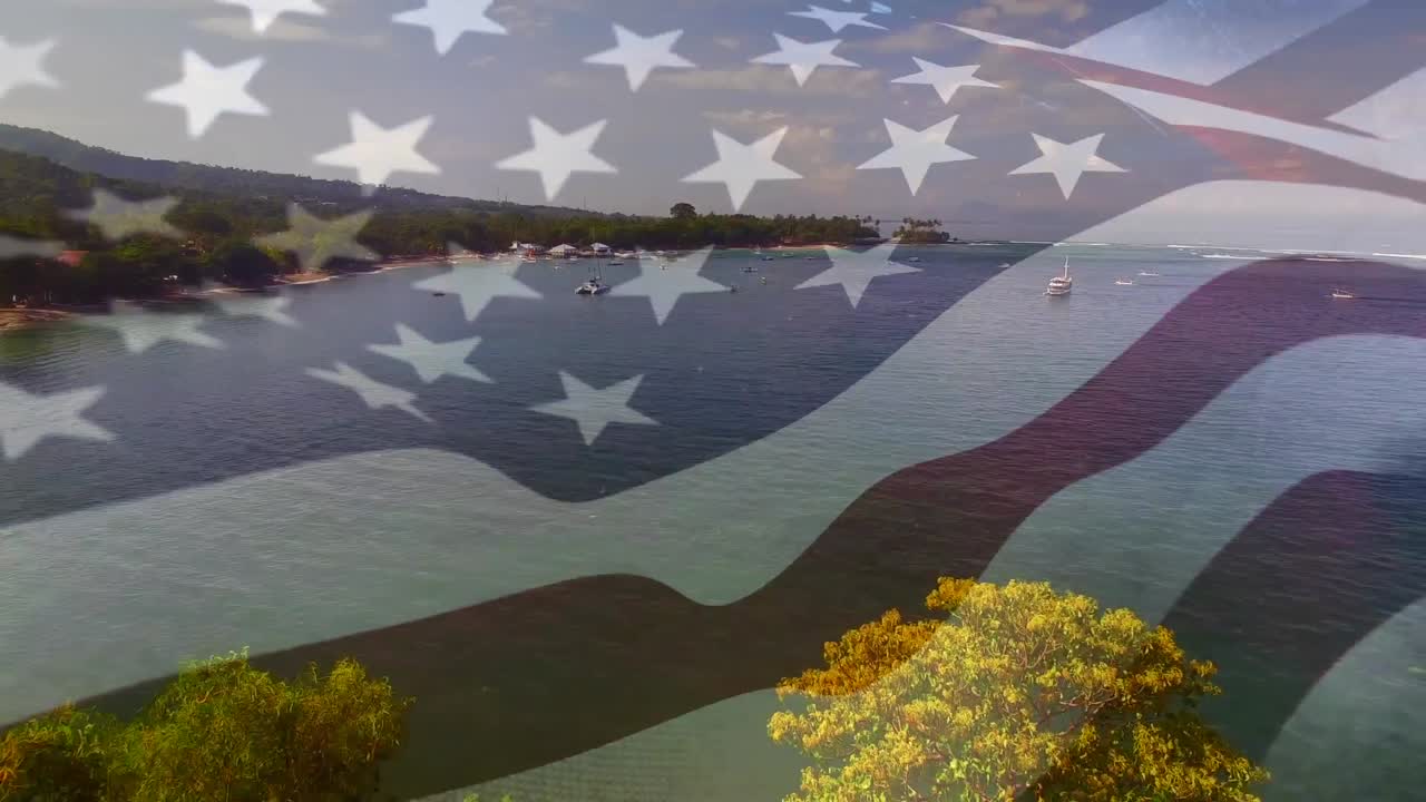 해변 해양 풍경 위에서 날아다니는 미국 국기의 애니메이션