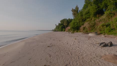 Knäckshusen-Beach-in-South-Sweden-Österlen,-Morning,-Smooth-Gimbal-Wide-Shot-Tracking-Forward