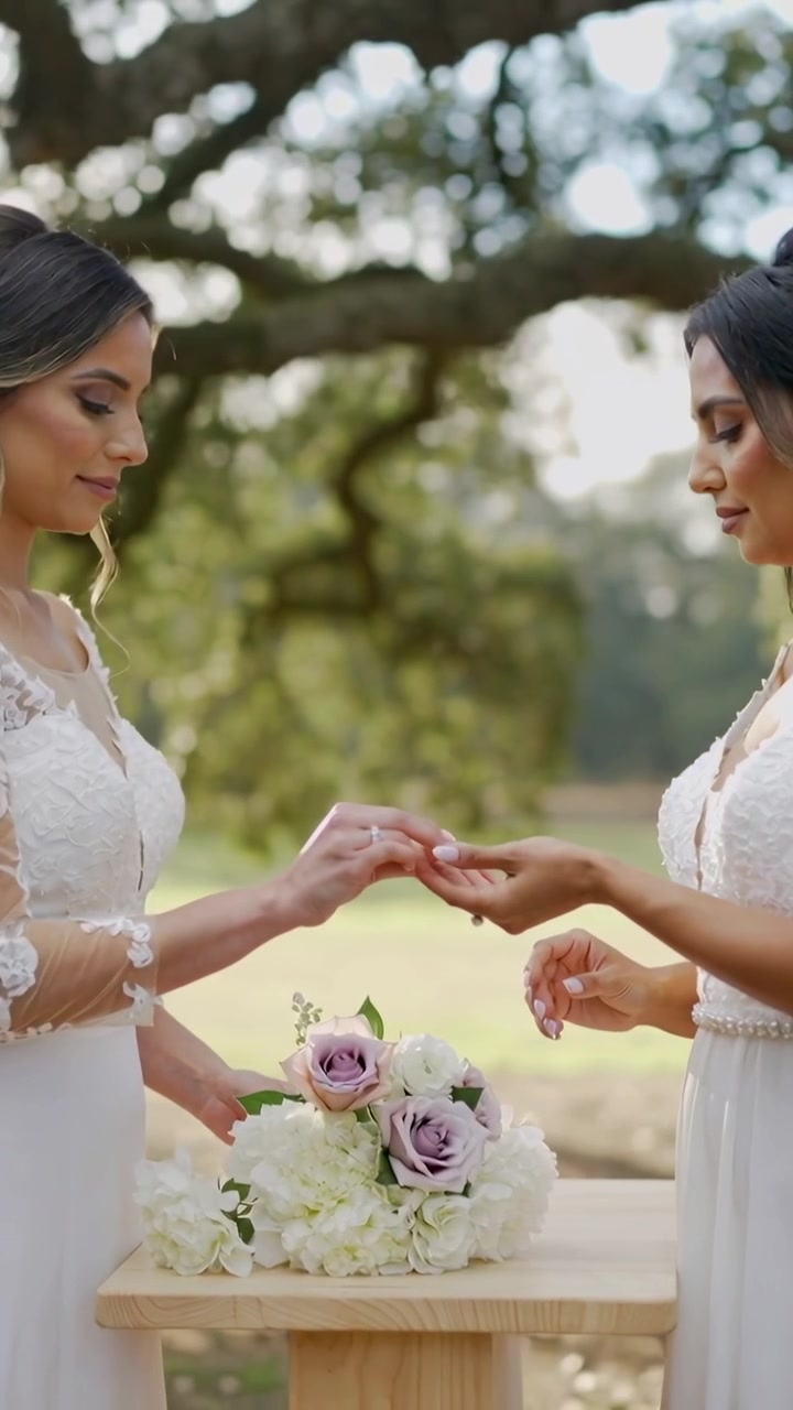 Exchanging brides in wedding dresses placing ring on wood pedestal beneath oak tree, with florals