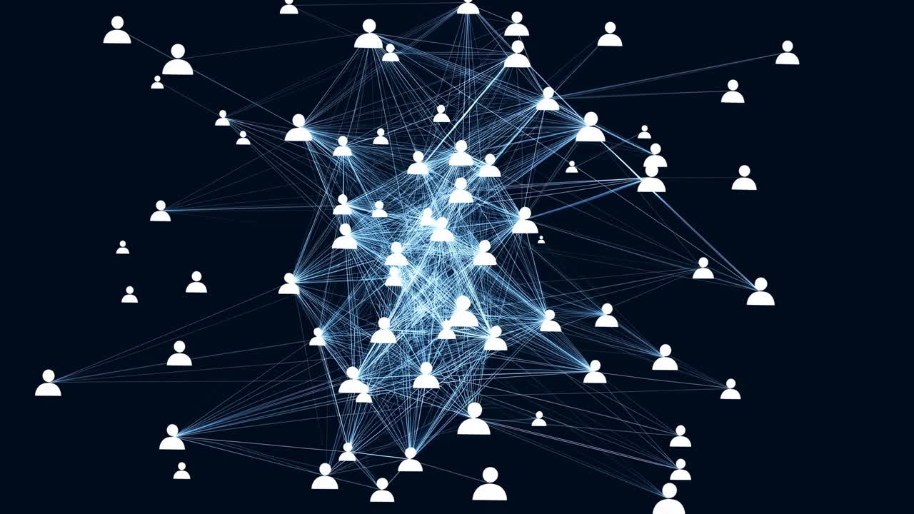 Animated Blue Network Of Avatars Connects Through Glowing Lines And Clustered Nodes, Interactive Visualization