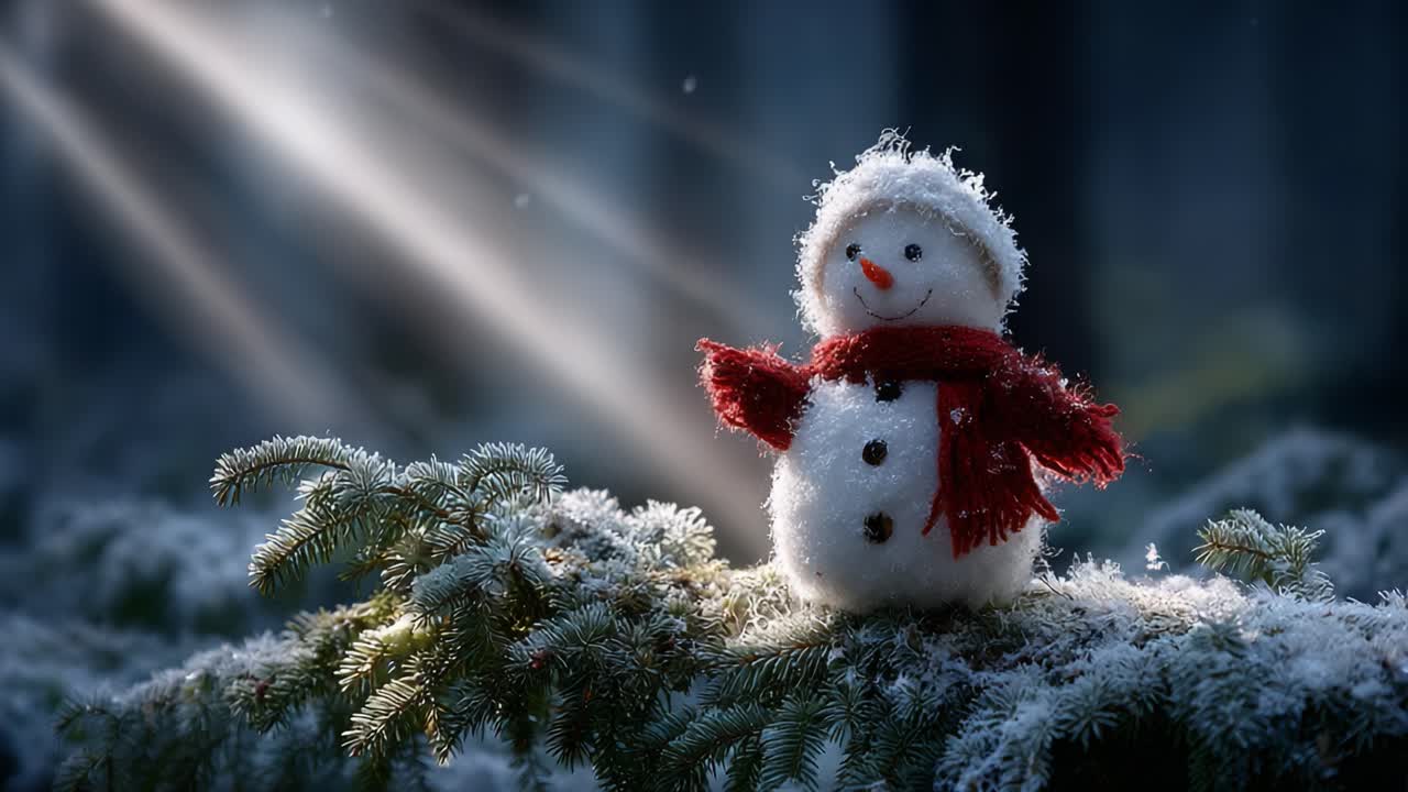 Charming Snowman Amidst Frosty Forest Scenery, Radiating Cheerfulness and Holiday Spirit Under Enchanting Sunlight Beams and Falling Snowflakes