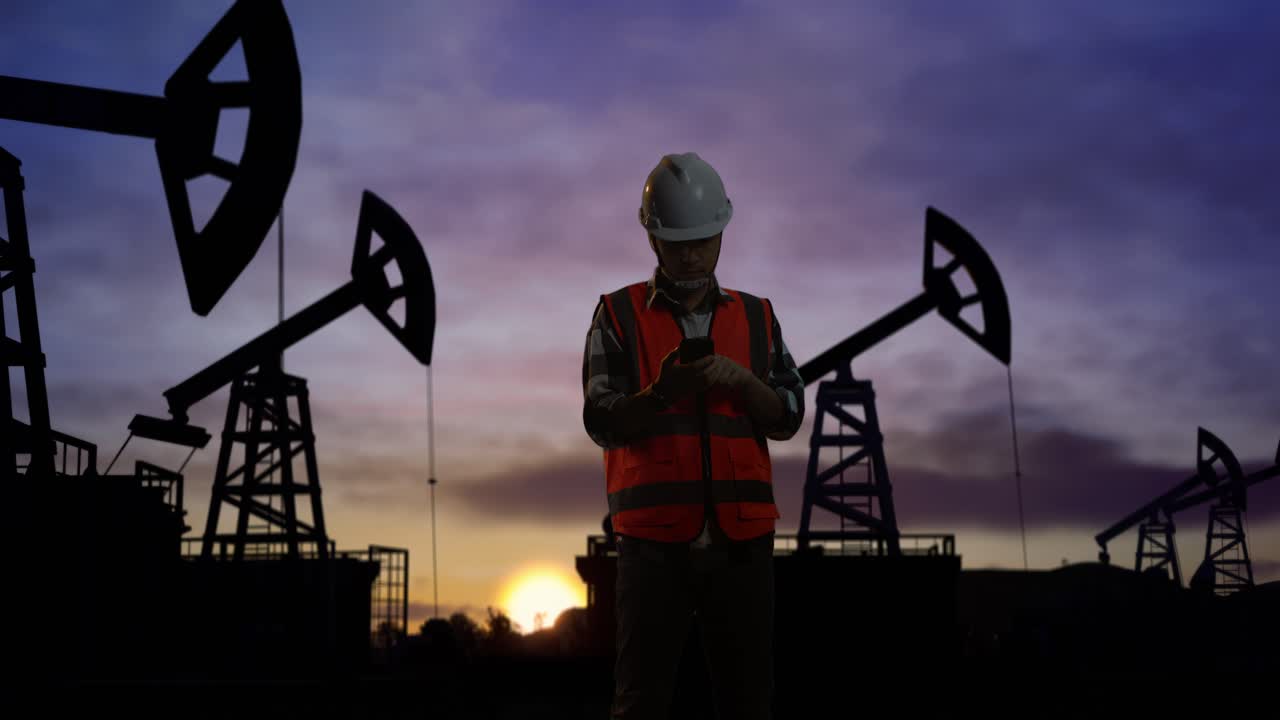 ingeniero masculino asiático con casco de seguridad usando un teléfono inteligente y mirando a su alrededor mientras está de pie frente a las bombas de aceite, durante la puesta o el amanecer