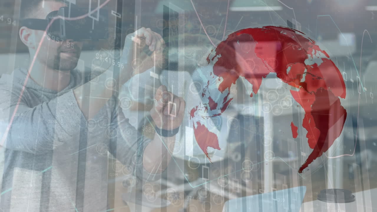 빨간색 회전 지구의 애니메이션, 그래프 데이터, 가상 현실 시 ⁇ 레이터를 사용하는 백인 사업가