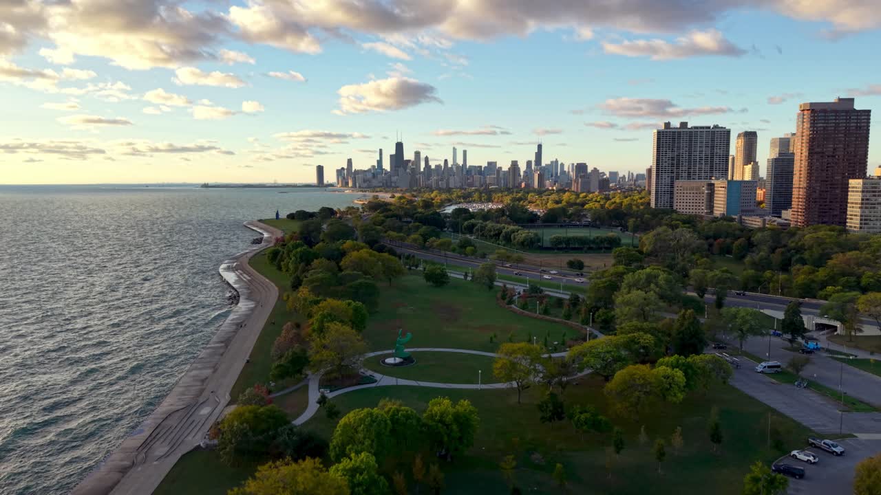 aerial push at treetop level into the Chicago Illinois Skyline