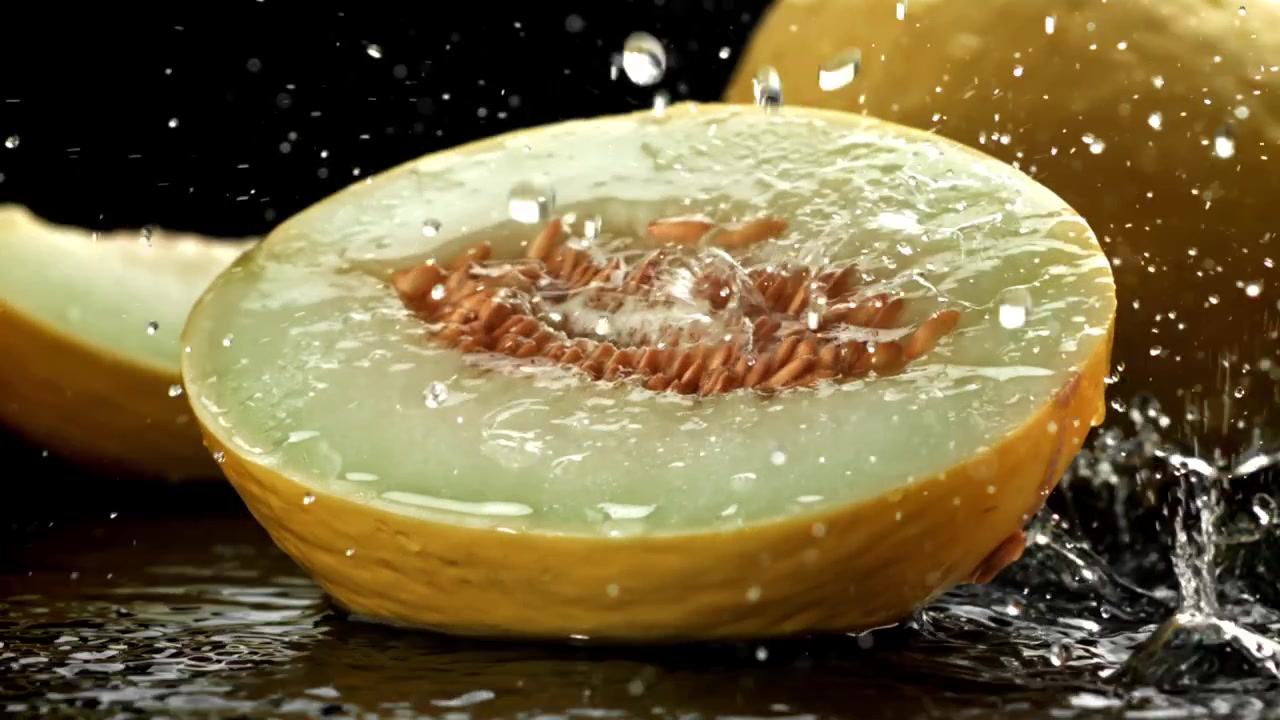 Refreshing Water Splashing on a Fresh Cantaloupe Melon
