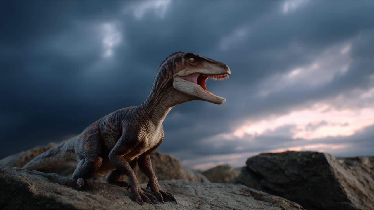 Una rappresentazione realistica di un dinosauro su terreno roccioso sotto un cielo drammatico, che cattura l'essenza della natura preistorica e la sua terrificante bellezza.