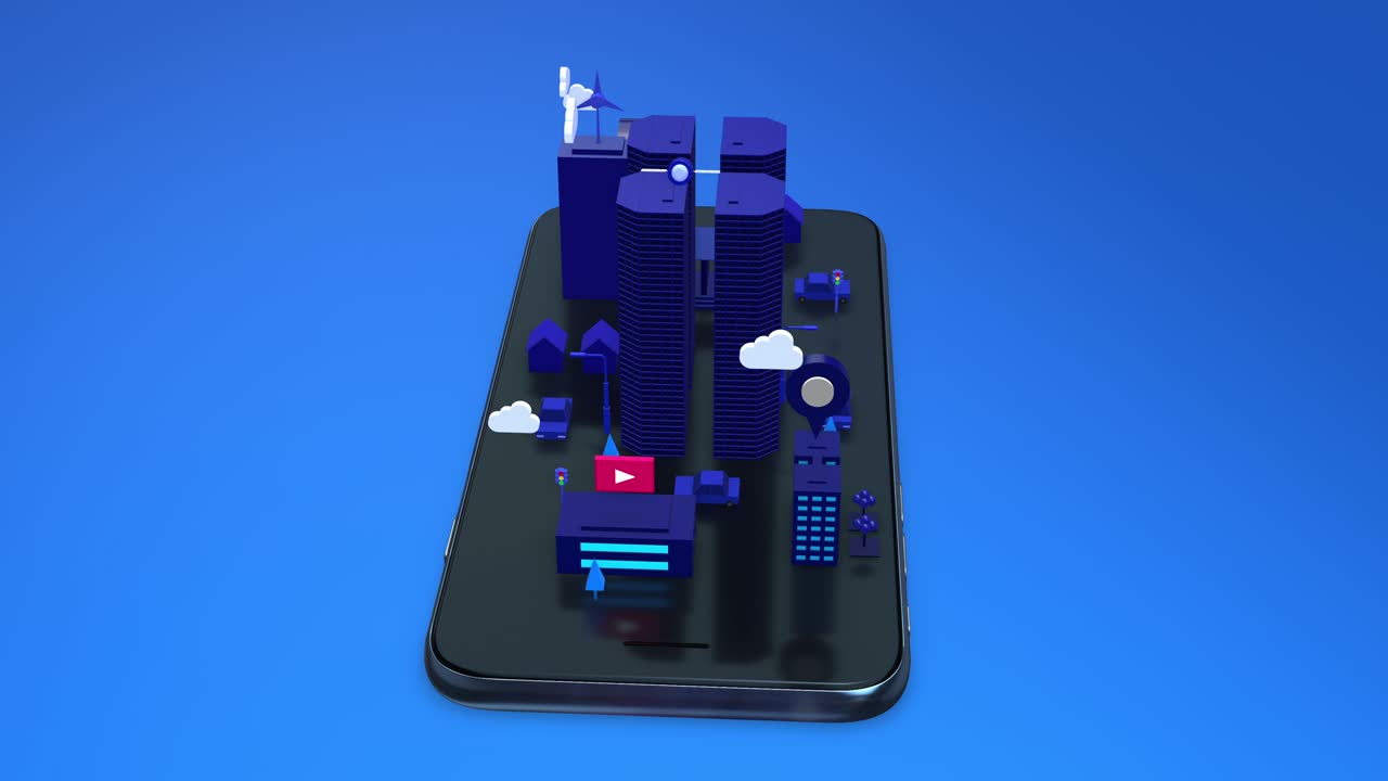 Isometric 3D City Animation On Smart Phone. Futuristic Smart City. Loop.