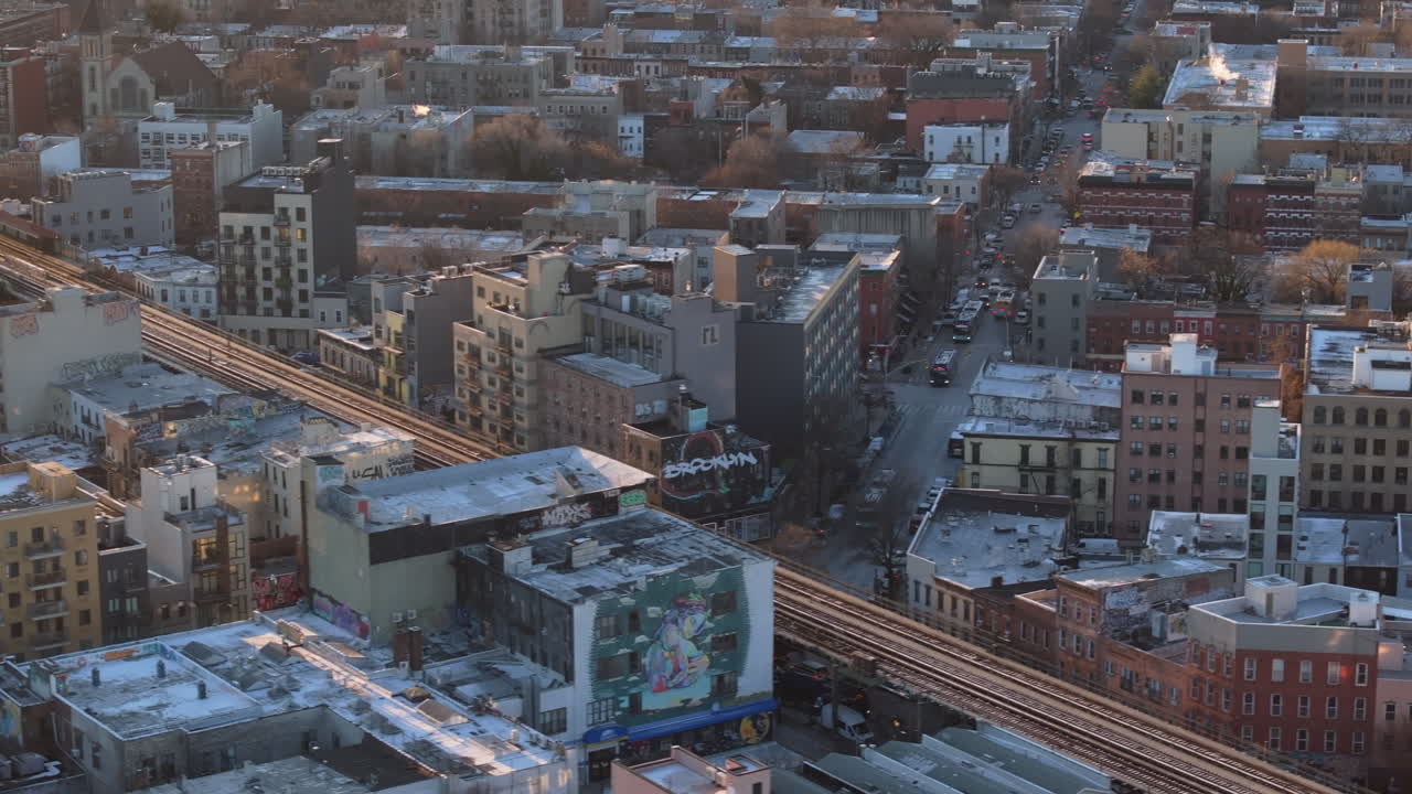 Aerial view of Brooklyn on a winter morning. Shot in New York City