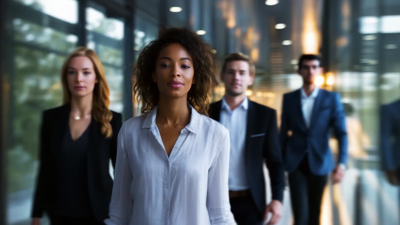 A group of young professionals confidently walking down a modern office corridor, showcasing teamwork and determination as they navigate their workspace with style and purpose, bathed in warm natural light