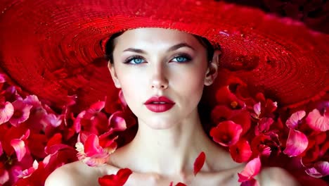 a woman in a red hat surrounded by red flowers