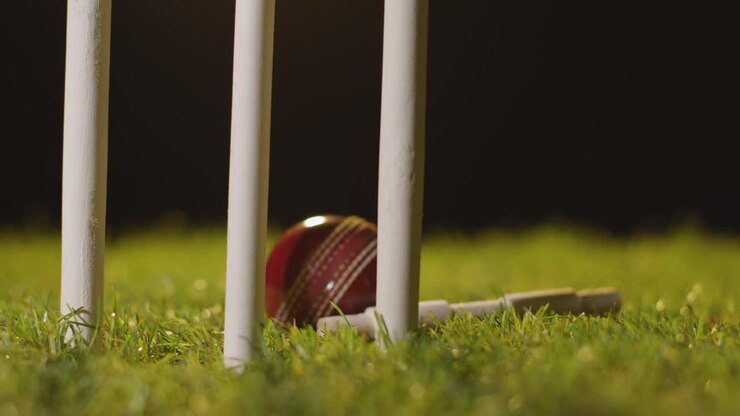 Natura morta di cricket con primo piano di bails e palla nell'erba dietro i paletti
