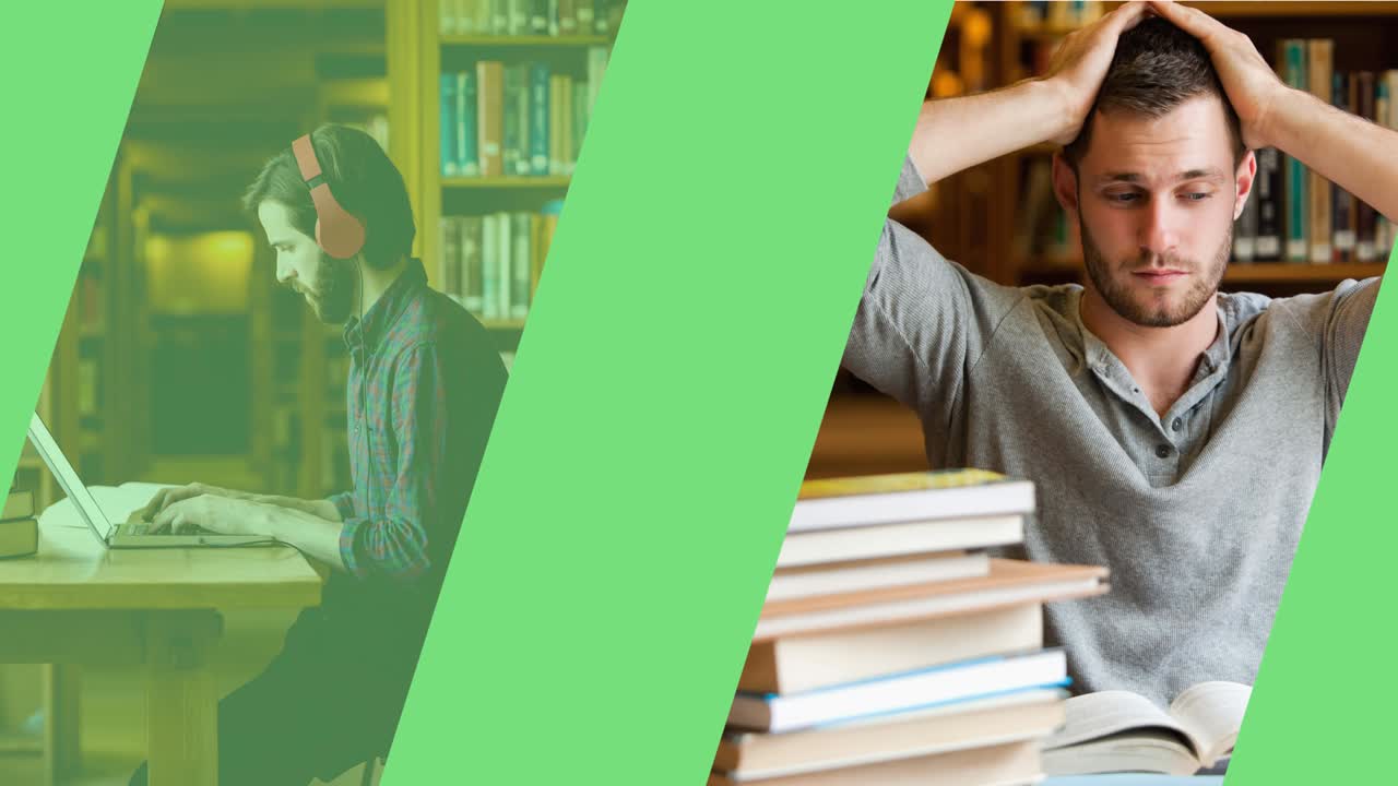 animación de paneles rojos en movimiento, enmascarando estresado y estudiando estudiantes varones