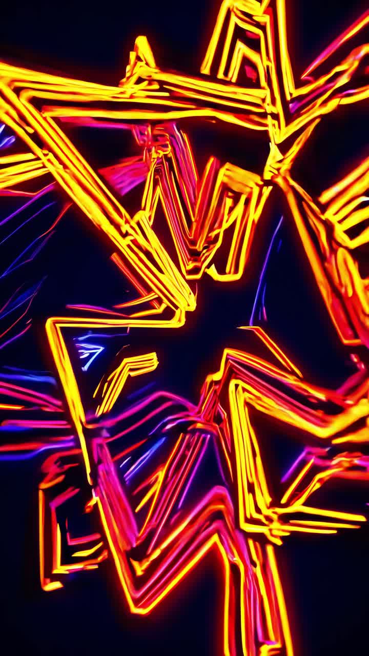 Bright, pulsating neon lights create dynamic and abstract shapes against a dark background, evoking a sense of energy, movement, and modern design