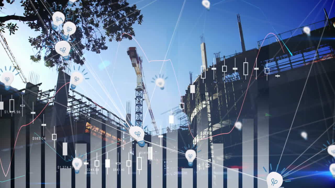 In construction site, animation of data analytics and graphs overlaying cranes