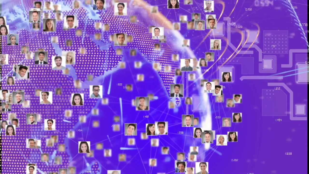 Animazione di reti di connessioni con fotografie di persone su globo.