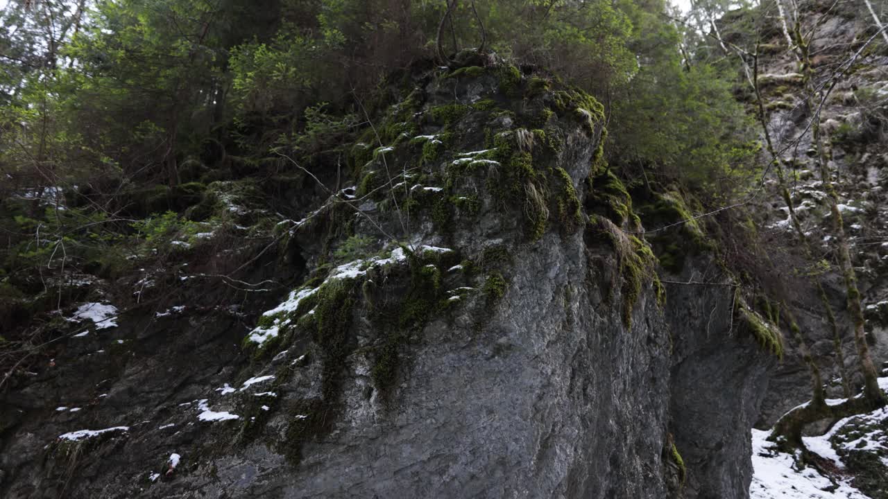 las montañas rocosas cubiertas de musgo revelaron un puente de madera en el bosque nevado