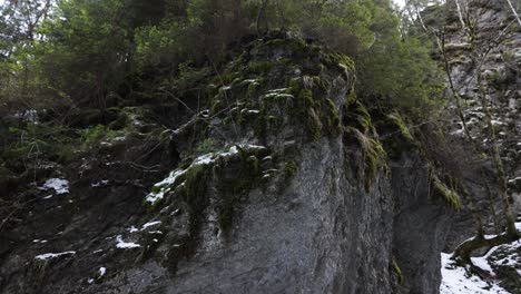 Las-Montañas-Rocosas-Cubiertas-De-Musgo-Revelaron-Un-Puente-De-Madera-En-El-Bosque-Nevado