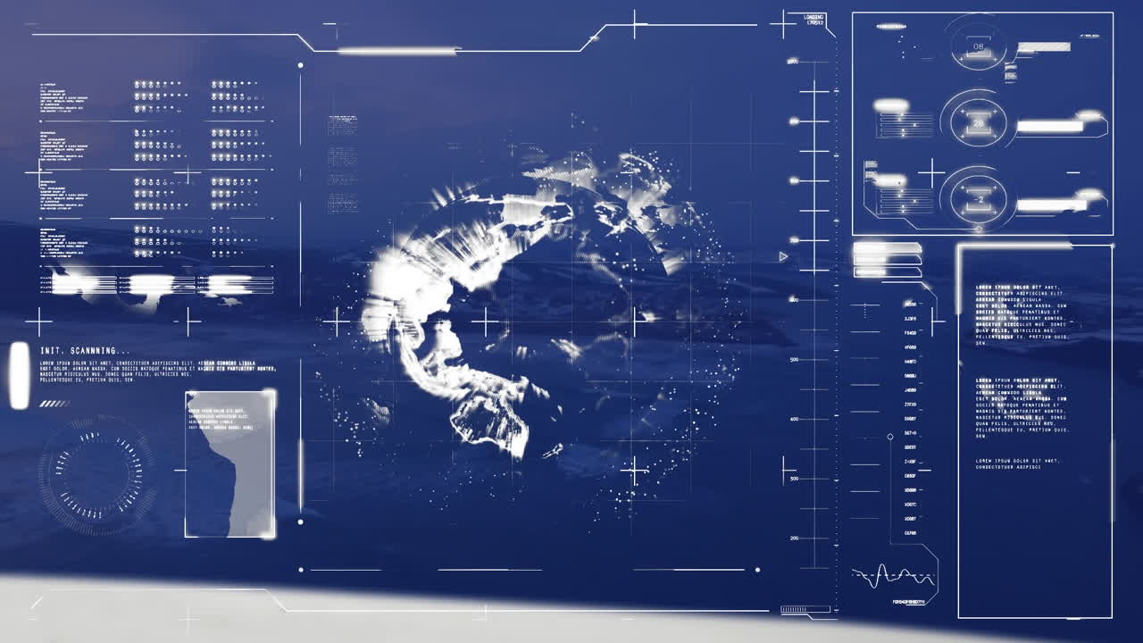 Animation of globe of connections over world map and data processing on screens
