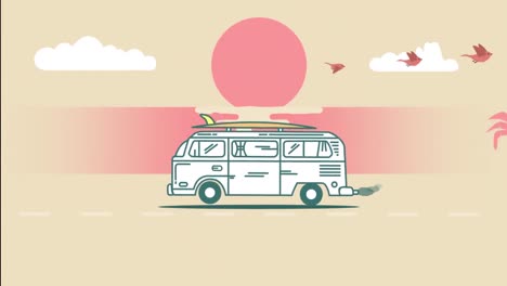 Vintage-holiday-summer-scenery-with-campervan-during-a-road-trip,-palm-trees,-sun-and-clouds