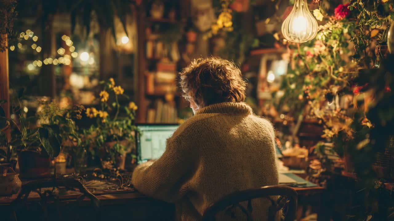 A Cozy Evening of Productivity: A Person Working on a Laptop Surrounded by Lush Indoor Plants and Warm Lighting in a Charming, Inviting Room