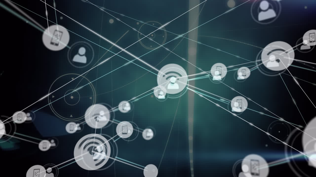 animación de una creciente red de medios, personas e iconos wifi que transfieren datos a través de luces brillantes