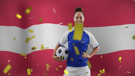 Animation-of-biracial-female-soccer-player-over-flag-of-austria