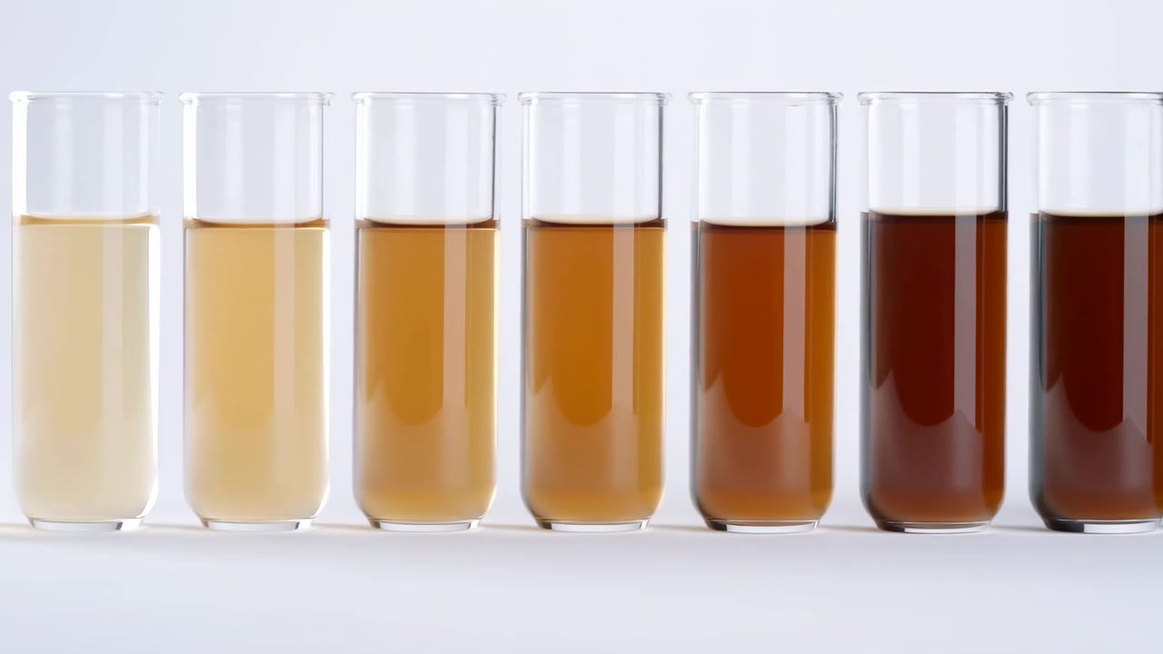 A row of test tubes arranged in a laboratory setting, viewed from the side with a neutral mood. The scene features brown and orange colors and glass materials, scientific research.