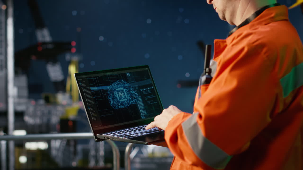 Engineer reviews artificial intelligence systems for oil platform operations