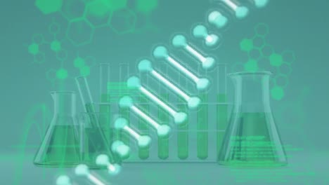 Animation-of-dna-strand-and-scientific-data-processing-over-laboratory-beakers