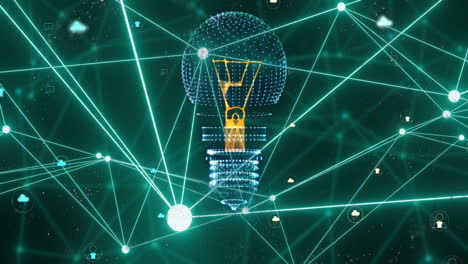 animation of network of connections and light bulb over black background