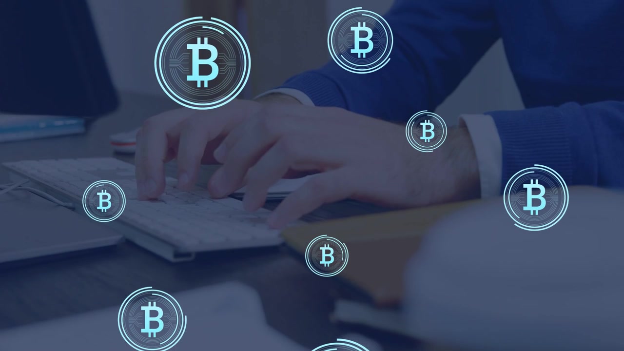 Mand taster på tastatur, en enkelt BTC dukker op og kloner sig derefter til svævende ikoner over hænderne til finans