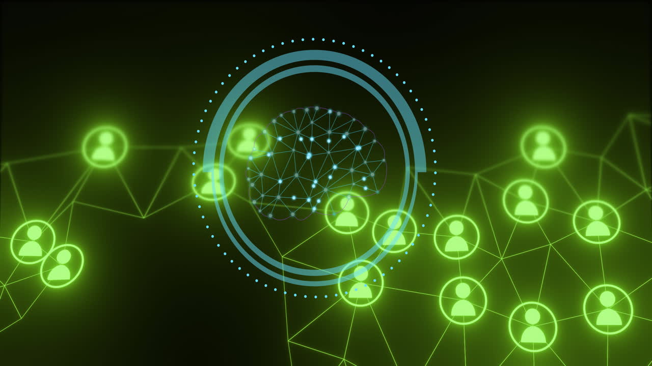 animación de redes cerebrales y conexiones sobre íconos humanos digitales verdes