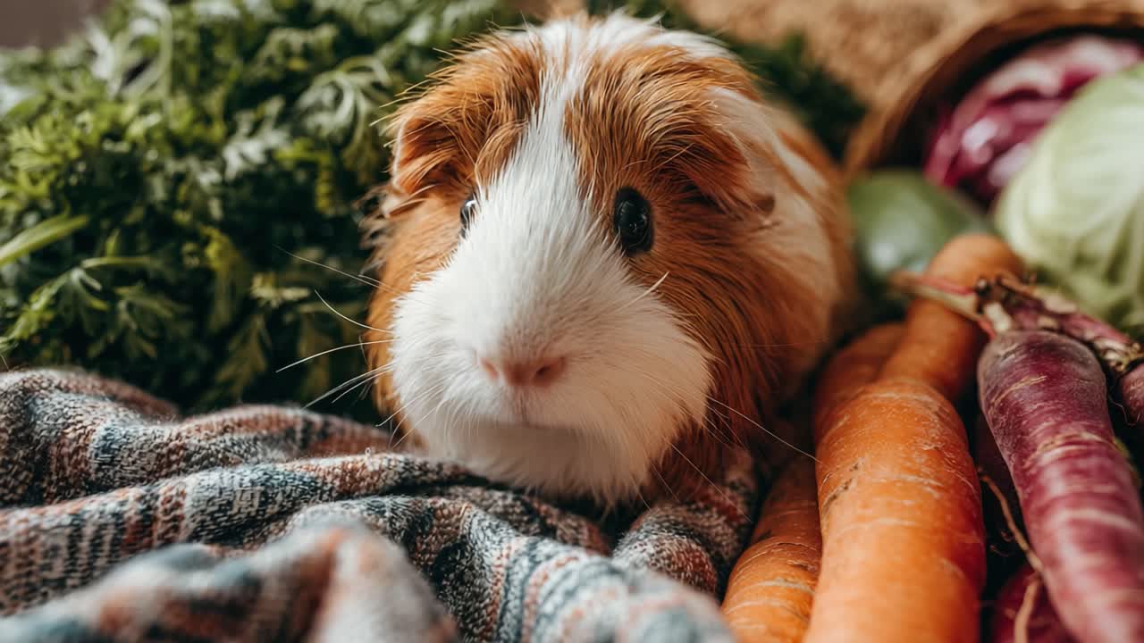 Charming Guinea Pig Surrounded by Fresh Vegetables and Cozy Textiles: A Delightful Still Life of Nature's Bounty