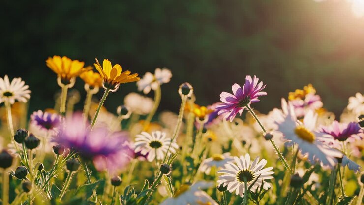 A serene video of wildflowers in a meadow at sunrise, captured from a low-angle, showcasing vibrant