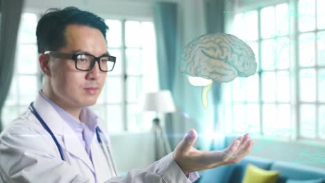 doctor holding holographic scan of 3d human brain, medical technology concept