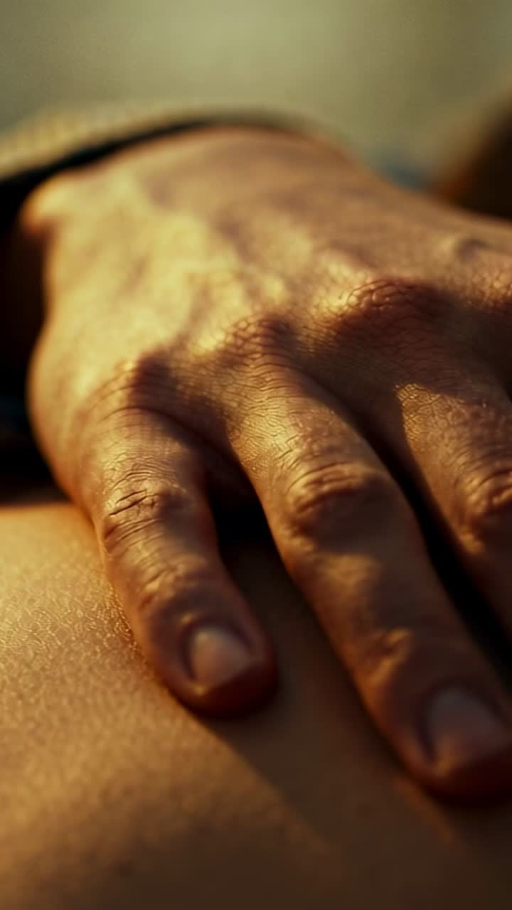 Vidéo verticale : Main d'homme posée et pressant un torse nu dans un lit, avec une manche retroussée, transmettant de la tendresse.