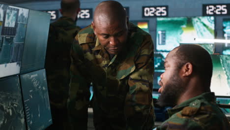 team of soldiers looking at screens in command center