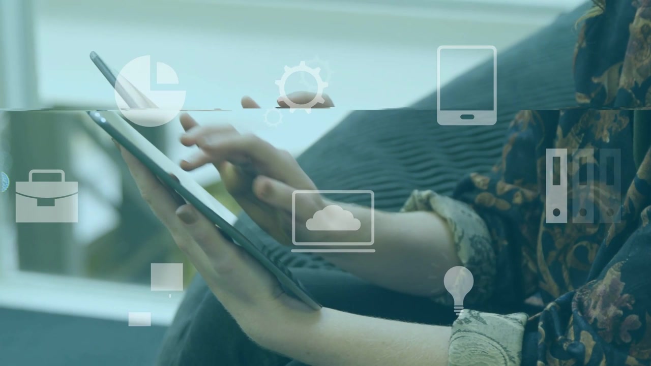 First tap activating clear work icons woman holding tablet and tapping swiping and confirming tasks