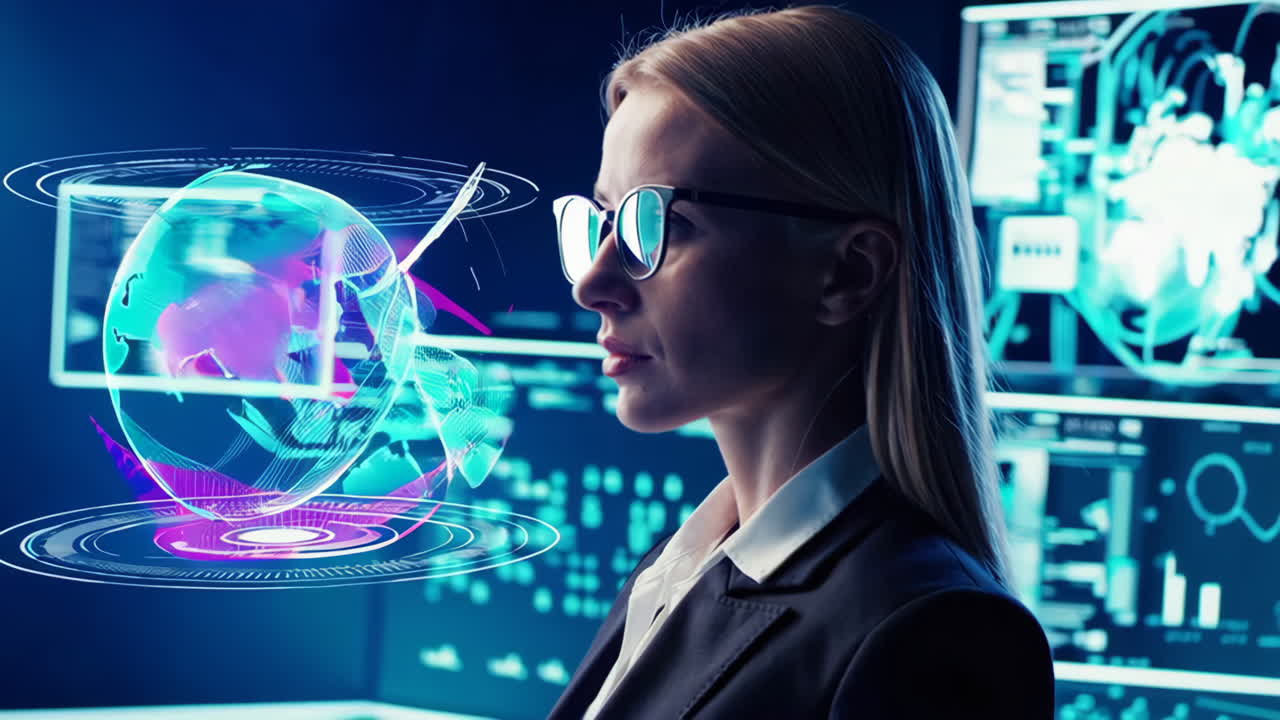 Businesswoman interacting with global data visualization display