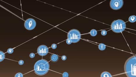 Animation-of-network-of-connections-with-icons-over-brown-background