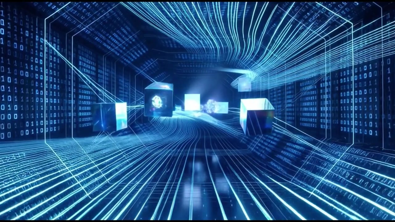 Digital Data Stream Tunnel with Floating Information Cubes