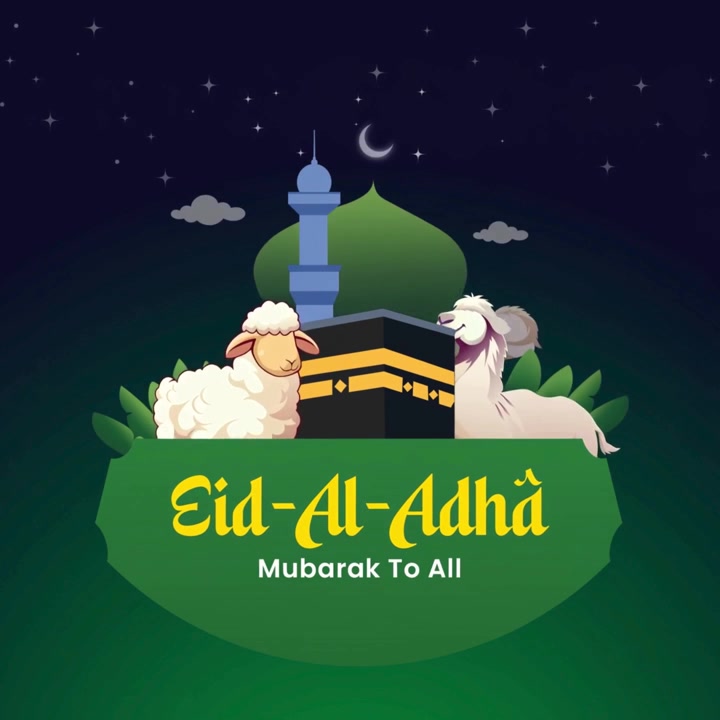 Animazione banner di auguri Eid Al Adha con illustrazione di Kaaba, pecora, cammello e moschea
