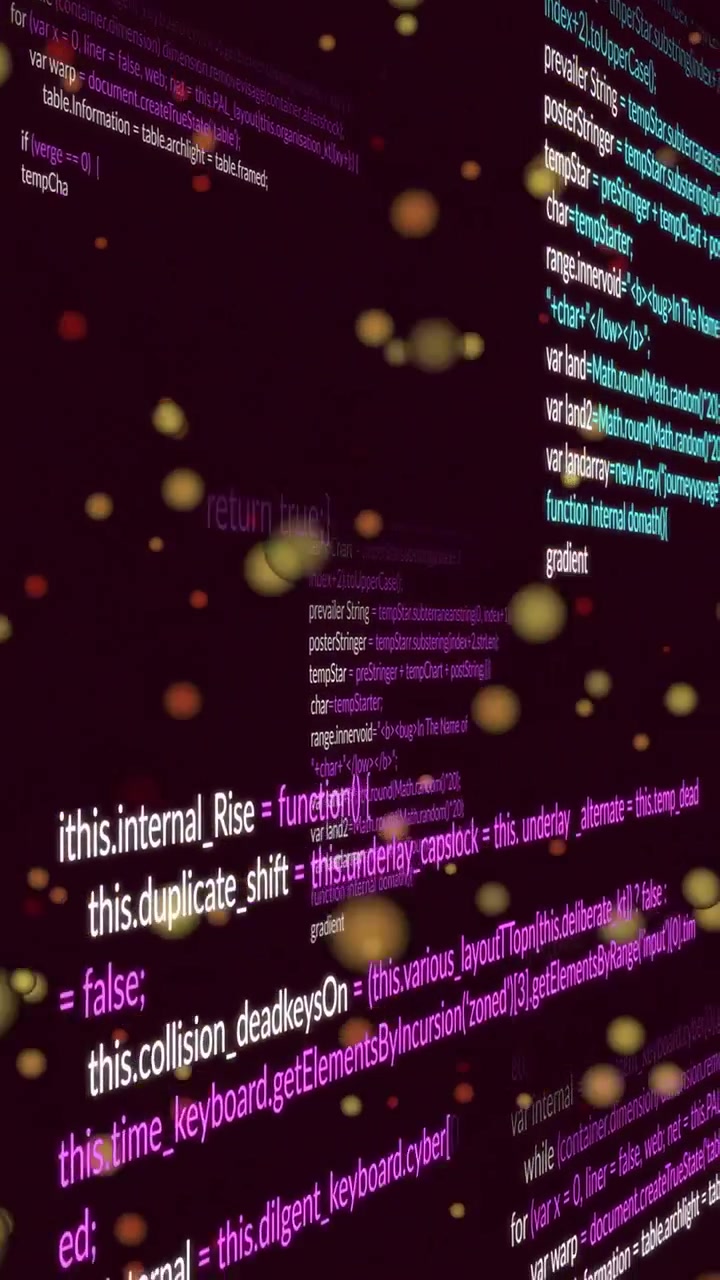 カメラが引いて回転し、漂うオーブのある右側のコード列が現れ、テクノロジーの奥深さを示している