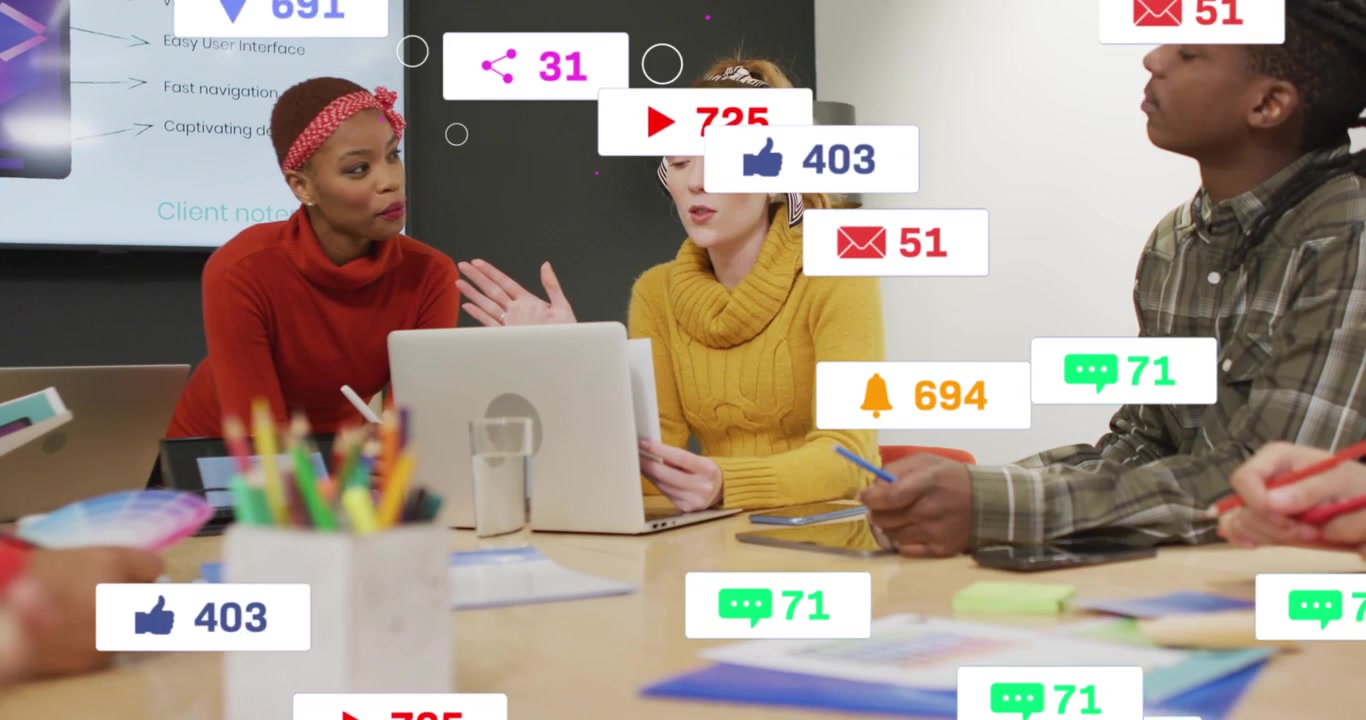 Team at laptop, woman speaking, initiating swelling and thinning social counters showing metrics