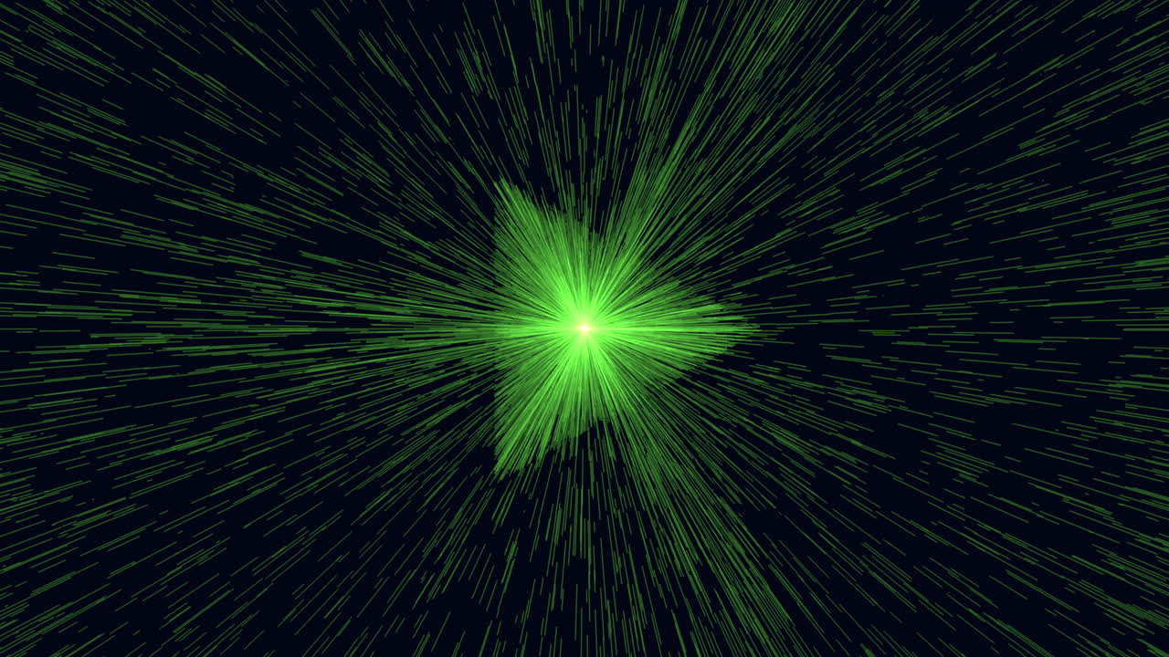 Green warp speed starburst light streaks background, futuristic hyperspace travel