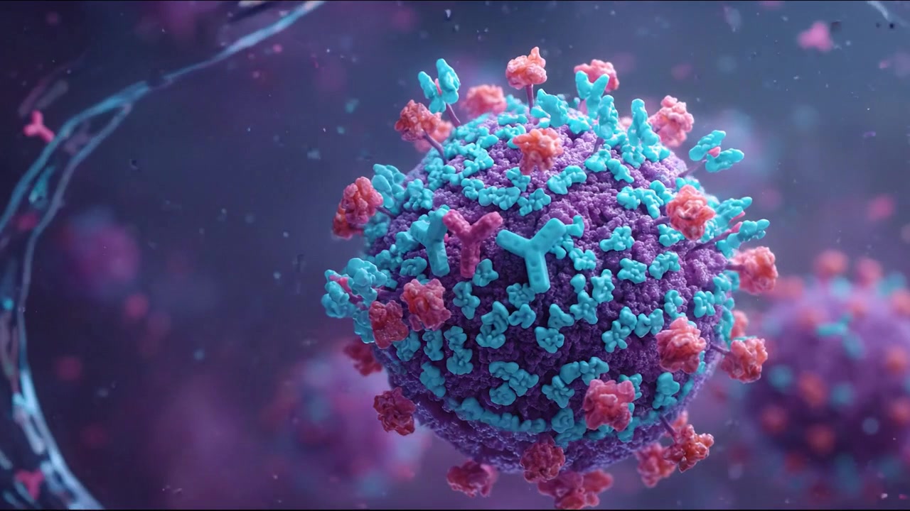 Purple Viral Particle Surrounded by Surface Proteins in Medical Visualization