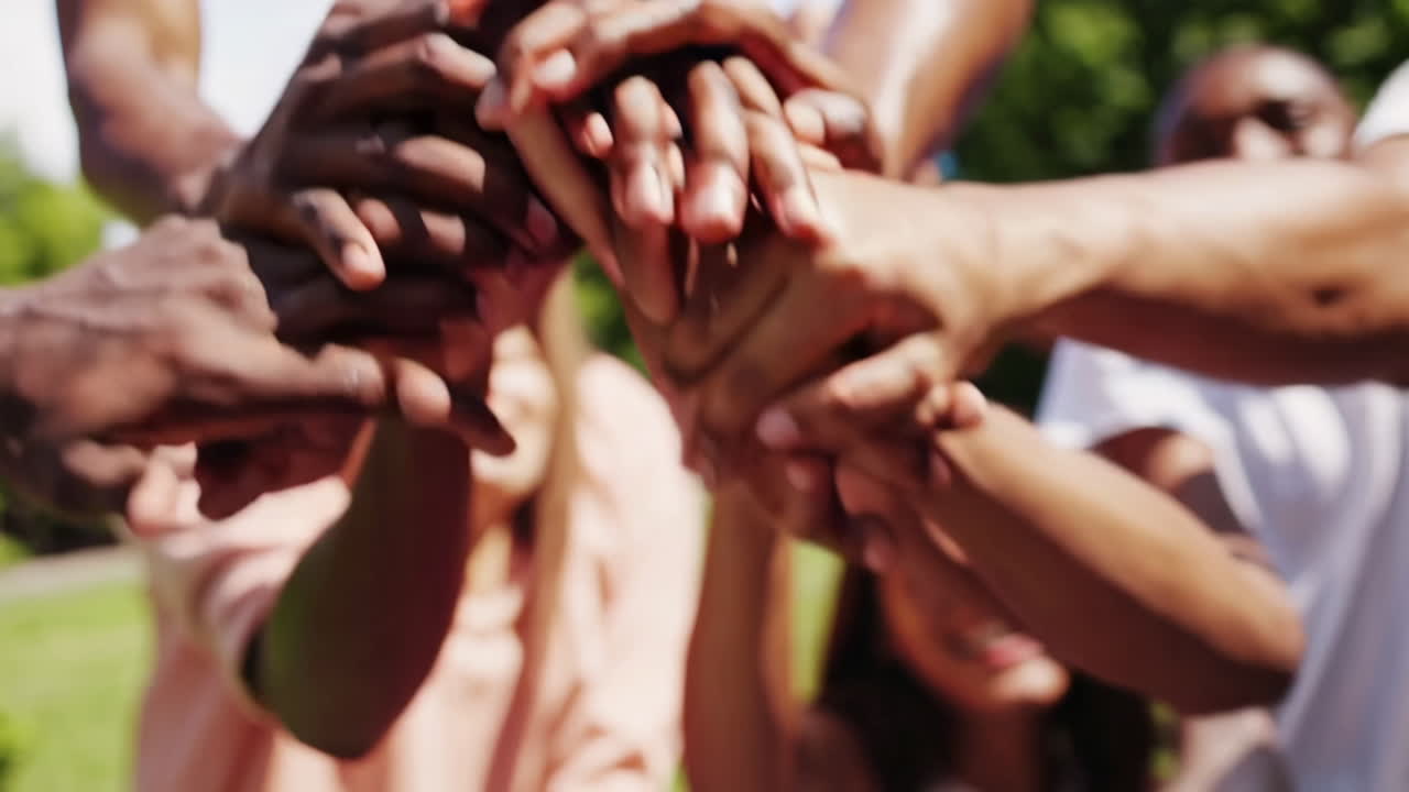Diverse Group Stacking Hands Together in Unity