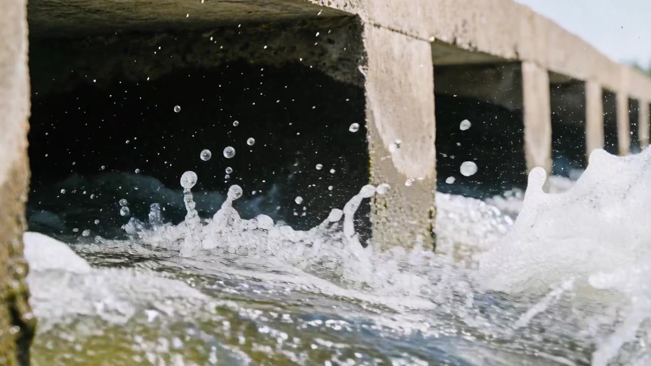 Onda che spinge l'acqua sotto una lastra di cemento a riva, creando schiuma attraverso le aperture dall'impatto.