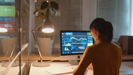 mujer de negocios haciendo análisis de mercado de valores en la oficina por la noche